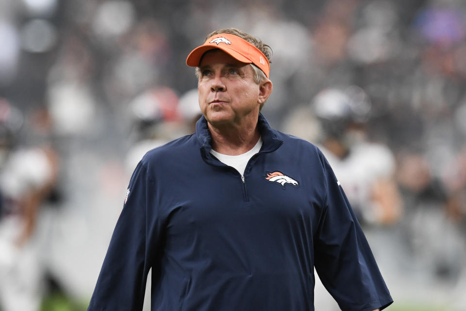 LAS VEGAS, NEVADA - JANUARY 07: Head Coach Sean Payton of the Denver Broncos during warm up against the Las Vegas Raiders at Allegiant Stadium on January 07, 2024 in Las Vegas, Nevada. The Raiders defeated the Broncos 27-14. (Photo by Candice Ward/Getty Images)