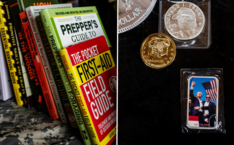 Books on prepping and emergency scenarios on display for purchase, left, and a photo of Donald Trump during an assassination attempt is included in a vendor’s coin collection. (Emily Elconin for NBC News)