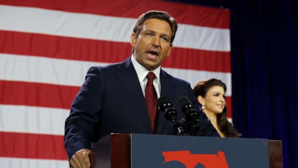 PHOTO: Florida Gov. Ron DeSantis gives a victory speech during his election night watch party at the Tampa Convention Center on Nov. 8, 2022, in Tampa, Fla. (Octavio Jones/Getty Images, FILE)