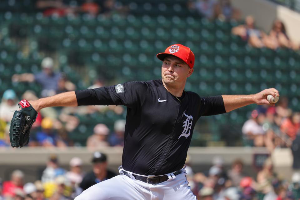 Detroit Tigers starting pitcher Tarik Skubal pitches during the first inning against the Boston Red Sox at Publix Field at Joker Marchant Stadium, March 4, 2024 in Lakeland, Fla.