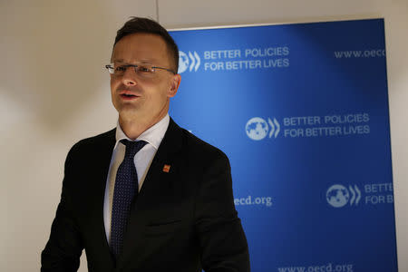 Hungarian foreign minister Peter Szijjarto speaks to Reuters days before the European elections at the OECD headquarters in Paris, France, May 23, 2019. REUTERS/Philippe Wojazer