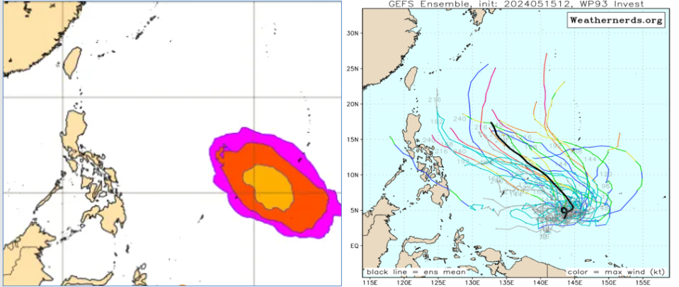 最新（15日20時）歐洲（ECMWF）系集模式模擬，22日20時輕颱生成機率圖顯示，菲律賓東方海面有「熱帶擾動」發展(左圖)。美國（GFES）系集模式亦有類似的模擬（右圖），仍需持續觀察。（圖／翻攝自「三立準氣象.老大洩天機」）