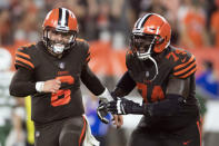 Cleveland Browns quarterback Baker Mayfield and offensive guard Chris Hubbard celebrate after a two-point conversion during the third quarter against the New York Jets. The Browns beat the Jets to win their fist game in 635 days. Ken Blaze-USA TODAY Sports