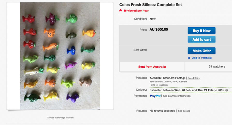 One opportunistic shopper has tried to sell a completed Coles Stikeez set on eBay for $500. Source: eBay