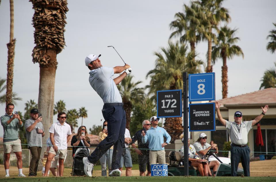 Scottie Scheffler tees off on the 8th hole of the Nicklaus Tournament Course at PGA West during the second round of the American Express in La Quinta, Calif., Jan. 19, 2023.