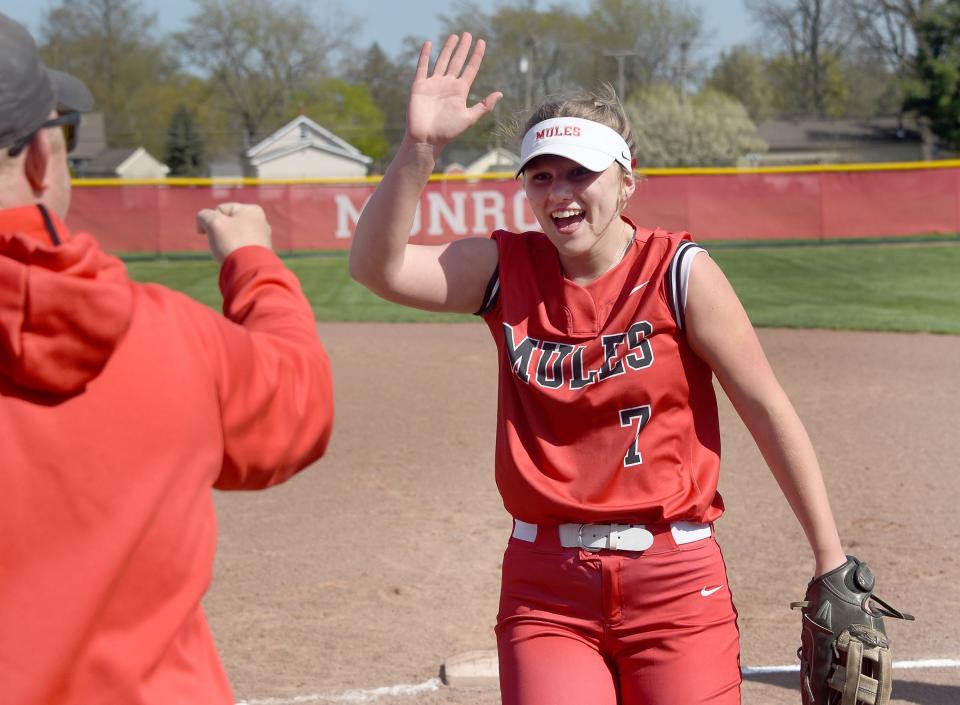 Bedford first baseman Brynn Eischen was all smiles after making a nice play at first base against Monroe Monday, April 22, 2024.