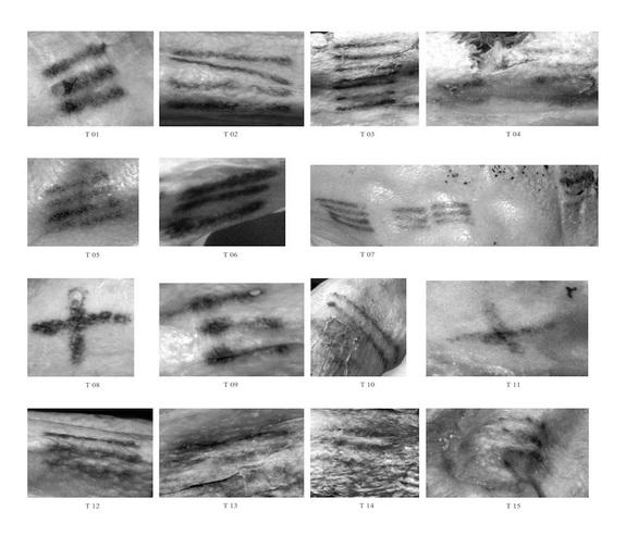 The 61 lines that make up the tattoos on Ötzi, a 5,300-year-old iceman found in the Italian Alps in 1991.