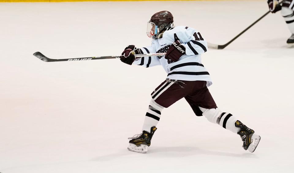 Morristown's Liam Wilson scores a goal against Chatham. Chatham defeats Morristown, 5-2, at the Mennen Sports Arena on Monday, Dec. 12, 2022.