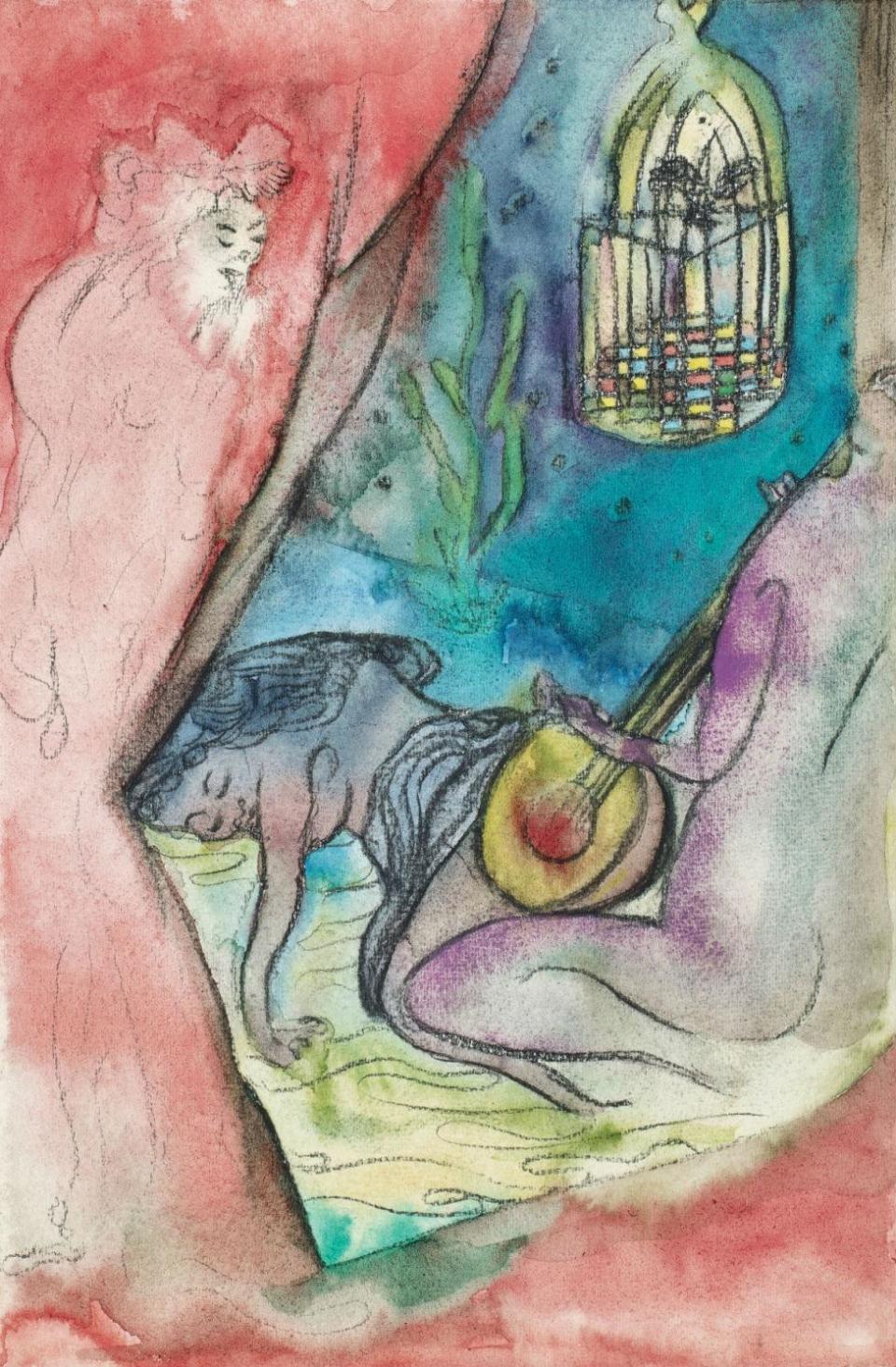 Chris Ofili, 'The Caged Bird's Song (Voyeur)', 2014. Watercolour and charcoal on paper (© Chris Ofili Courtesy the artist and Victoria Miro, London)