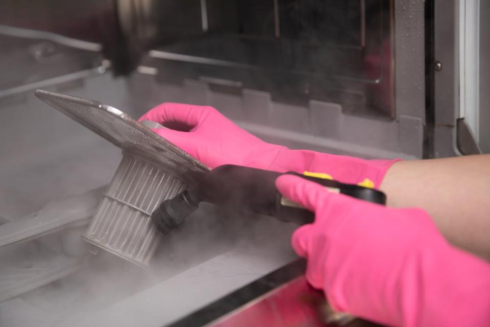 Person wearing pink rubber gloves cleaning a dishwasher filter with a hot steam cleaner. 