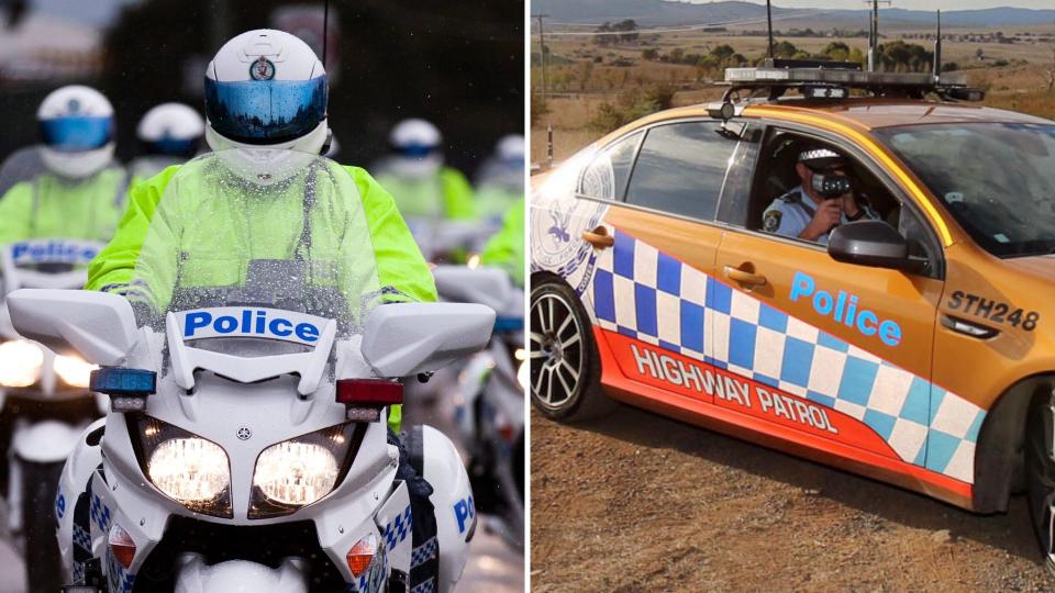 NSW police officers riding motorcycles on the left and an officer in a NSW highway patrol car on the right.