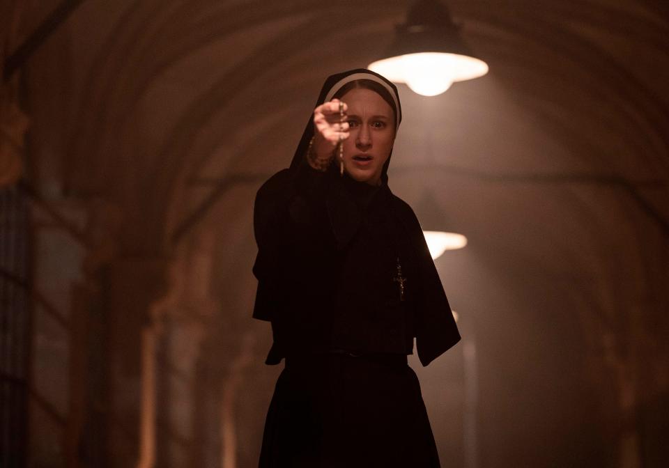 This image released by Warner Bros. Pictures shows Taissa Farmiga as Sister Irene in New Line Cinema's horror thriller "The Nun II." (Warner Bros. Pictures via AP)