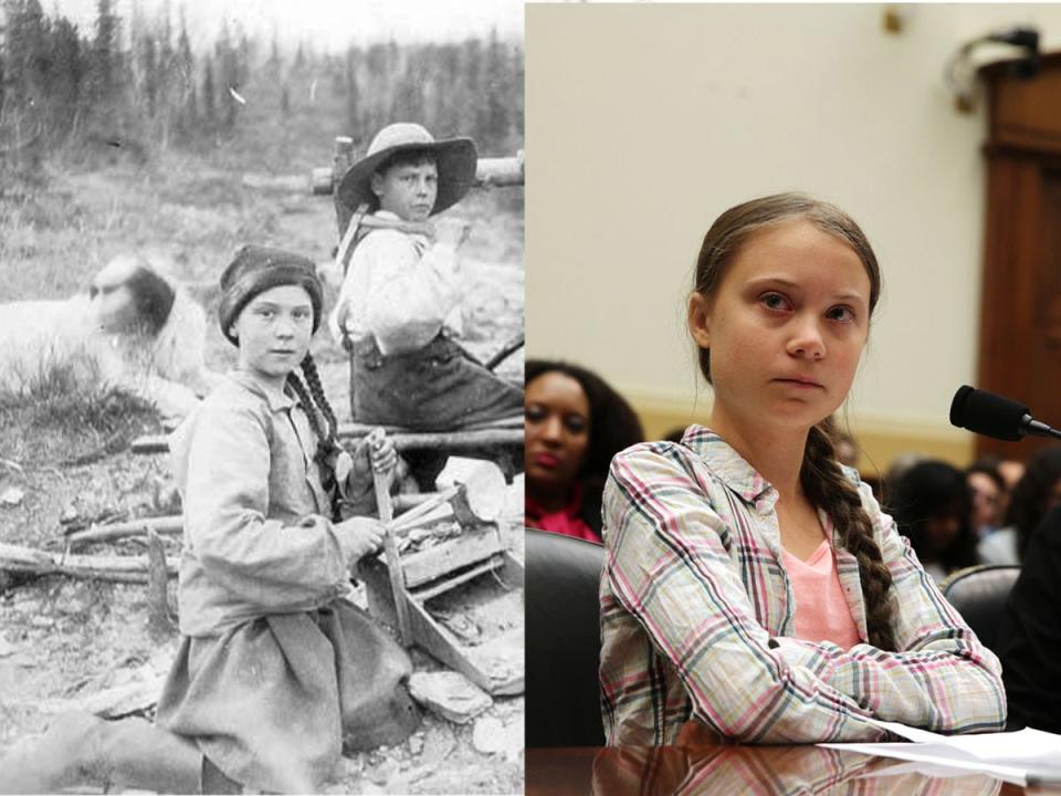 The 16-year-old Swedish climate activist Greta Thunberg and a photo from 1898 that resembles her.