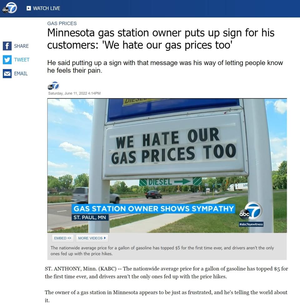 Screenshot of ABC7's article, "Minnesota gas station owner puts up sign for his customers: 'We hate our gas prices too'"