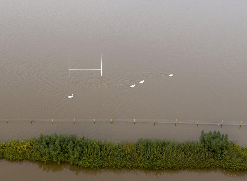 Aerial view of flooding in Worcester, as the UK has been hit by widespread flooding after rivers burst their banks following the weekend???s heavy rain.