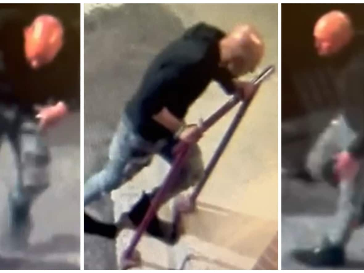 Calgary police hope these security camera images ring some bells. The suspect is around 40 years old, six feet tall and 180 pounds with a bald or shaved head. (Calgary Police Service - image credit)