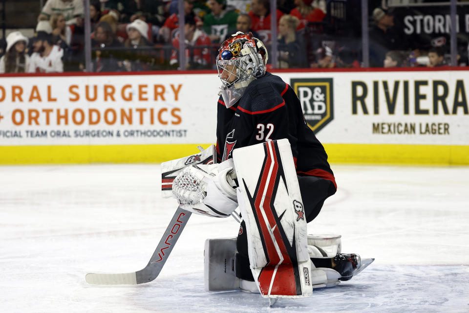 Carolina Hurricanes goaltender Antti Raanta waits for an NHL hockey game against the Minnesota Wild in Raleigh, N.C., Sunday, Jan. 21, 2024. (AP Photo/Karl B DeBlaker)