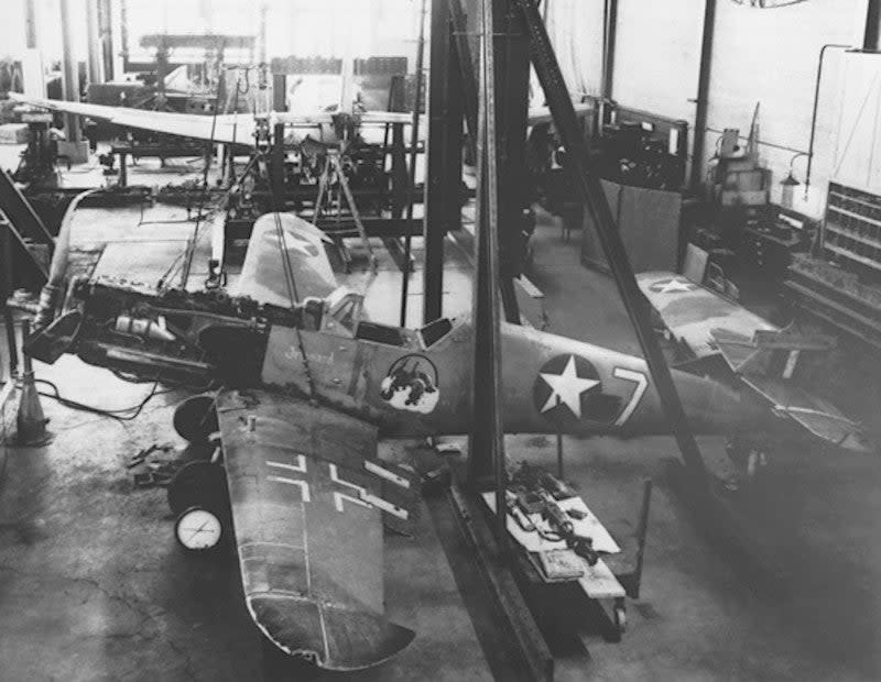 A Nazi Messerschmitt Bf 109G named "Irmgard" that was captured by British forces in Tunisia in 1943 and subsequently sent to Wright Field for further testing and evaluation. This picture appears to show the aircraft undergoing structural testing. <em>USAF</em>