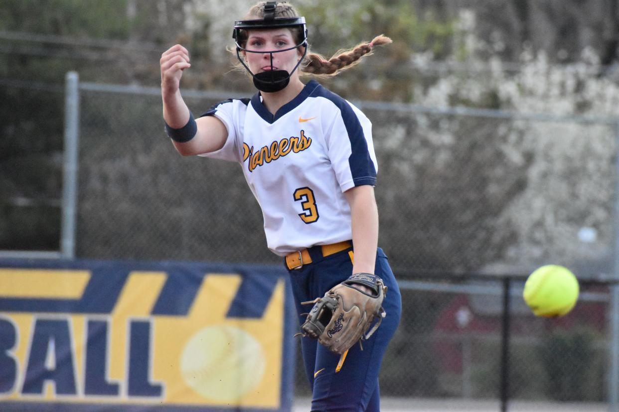 Mooresville's Alex Cooper releases a pitch during the Pioneers' rivalry matchup with Decatur Central on April 12, 2022. It was Cooper's first time pitching a no-hitter.