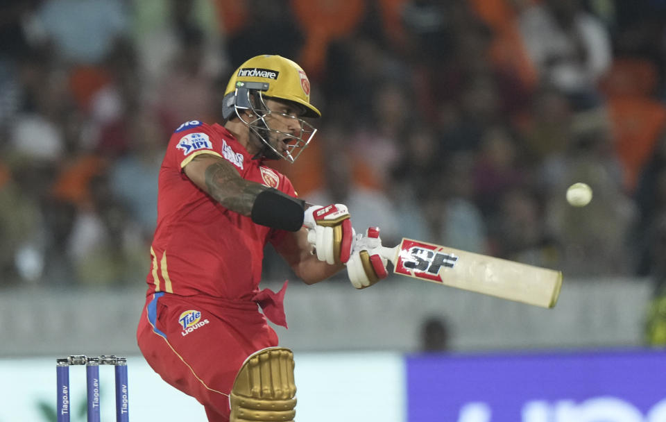 Punjab Kings' captain Shikhar Dhawan plays a shot during the Indian Premier League (IPL) match between Sunrisers Hyderabad and Punjab Kings in Hyderabad, India, Sunday, April 9, 2023. (AP Photo/Mahesh Kumar A.)