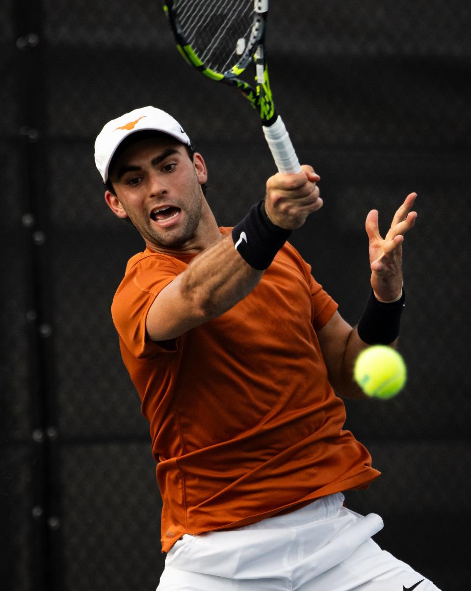 Texas tennis player Eliot Spizzirri and partner Cleeve Harper advanced to the quarterfinals of the NCAA Championships doubles bracket on Tuesday, joining singles player Micah Braswell  in the round of 16.