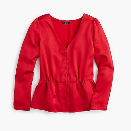 Long-Sleeve Peplum Top in Satin-Crepe