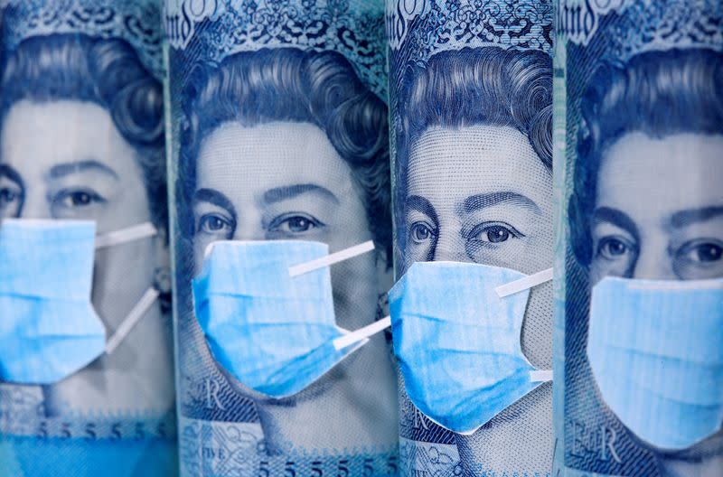 FILE PHOTO: Queen Elizabeth II is seen with printed medical masks on the Pound banknotes in this illustration