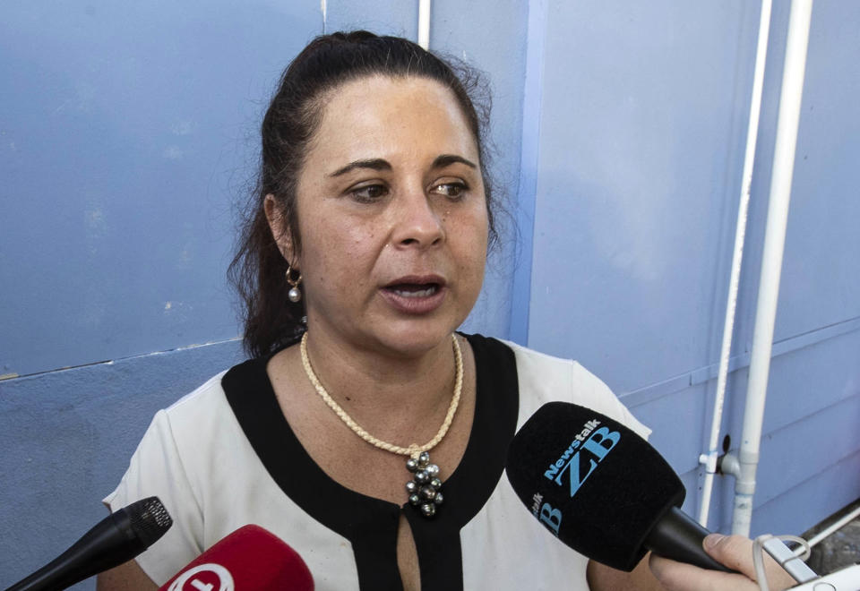Television New Zealand journalist Barbara Dreaver speaks to the media after she was released by Nauru Police in Nauru, Tuesday, Sept. 4, 2018. Nauru police detained the journalist for about three hours and revoked her forum accreditation after she interviewed a refugee outside a local restaurant. (Jason Oxenham/Pool Photo via AP)