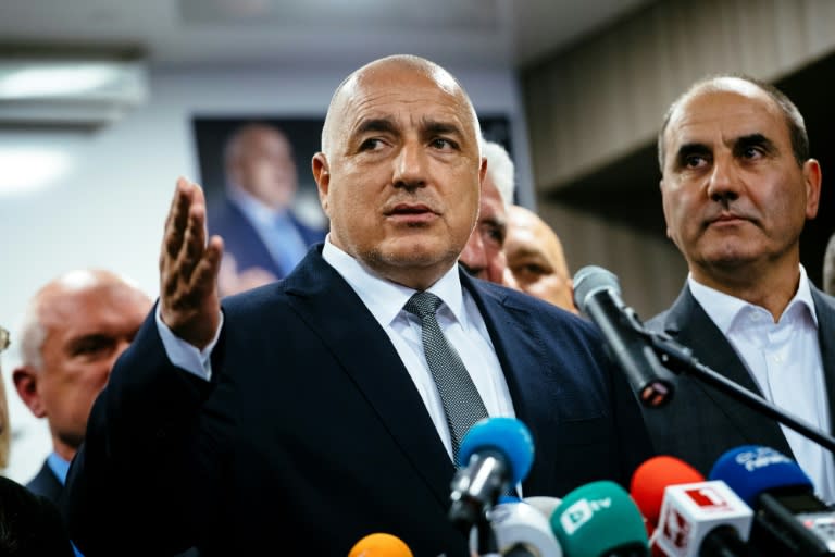 Head of the centre-right GERB party and former prime minister Boyko Borisov speaks to media in Sofia on March 26, 2017, after his party won the country's parliamentary election