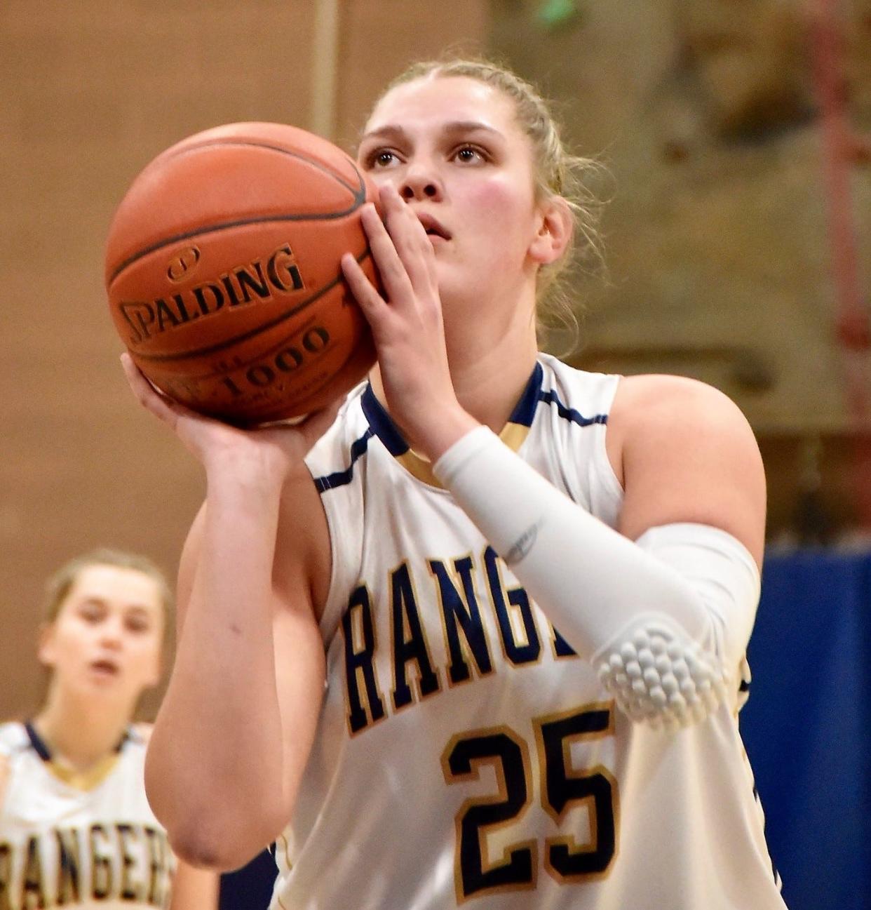 Senior Hannah Thorsen prepares to take a free throw during Wednesday's Class C South girls basketball game against Poland. Thorsen scored a game-high 12 points in Traip's 37-10 win.