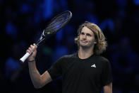 Germany's Alexander Zverev celebrates after winning the singles tennis match against Russia's Andrey Rublev, of the ATP World Tour Finals at the Pala Alpitour, in Turin, Italy, Friday, Nov. 17, 2023. (AP Photo/Antonio Calanni)