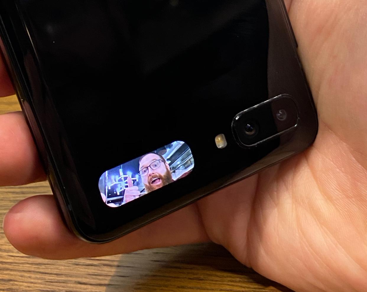 The small display on the Z Flip is primarily used for showing the time and notifications, but you can also turn it into a quick viewfinder for selfies. (Image: Howley)