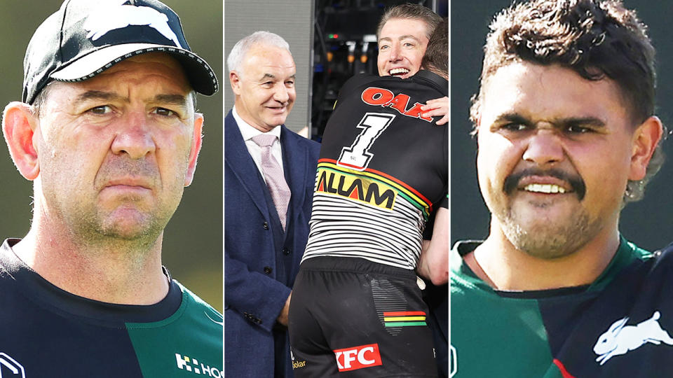 South Sydney coach Jason Demetriou, pictured here alongside Rodney Churchill and Latrell Mitchell.