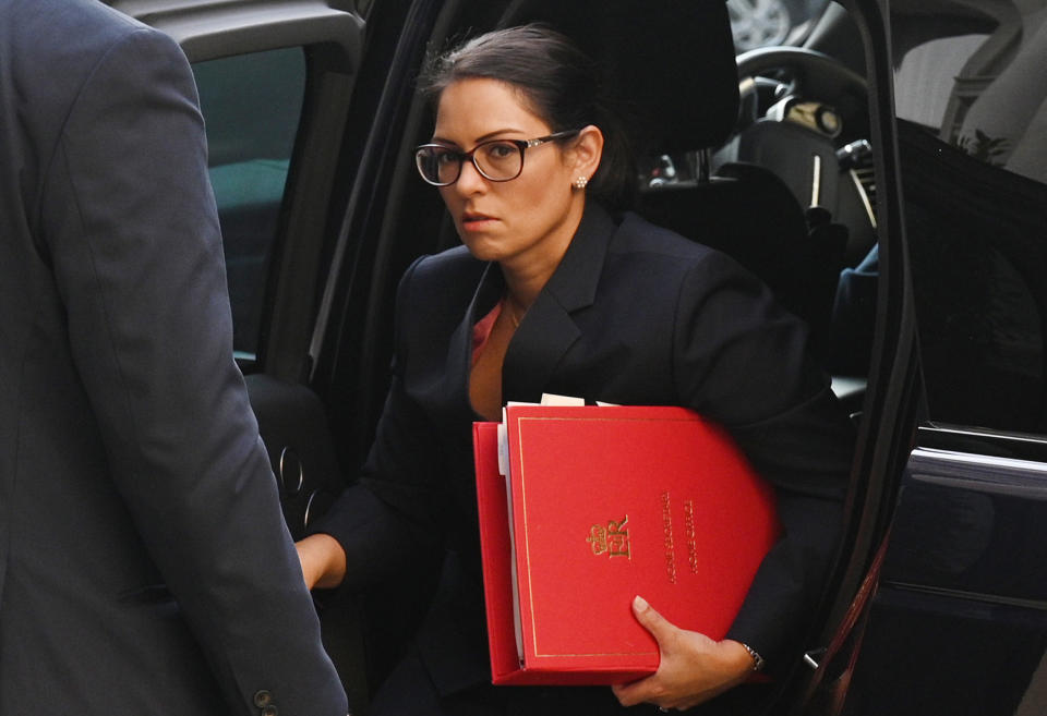 Britain's Home Secretary Priti Patel arrives at Foreign, Commonwealth and Development Office (FCDO) in central London on September 22, 2020 to attend the weekly meeting of the cabinet. - The UK government will on Tuesday announce new measures to curb rising coronavirus cases across England, hours after upgrading the virus alert level with top advisers warning of a surging death toll within two months without immediate action. (Photo by Leon Neal / POOL / AFP) (Photo by LEON NEAL/POOL/AFP via Getty Images)