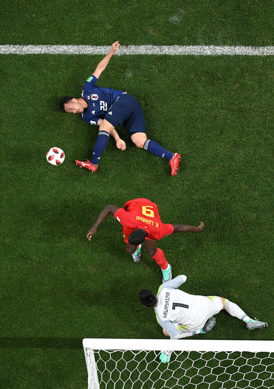 <p>Maya Yoshida of Japan challenge for the ball with Romelu Lukaku of Belgium during the 2018 FIFA World Cup Russia Round of 16 match between Belgium and Japan at Rostov Arena on July 2, 2018 in Rostov-on-Don, Russia. (Photo by Shaun Botterill/Getty Images) </p>