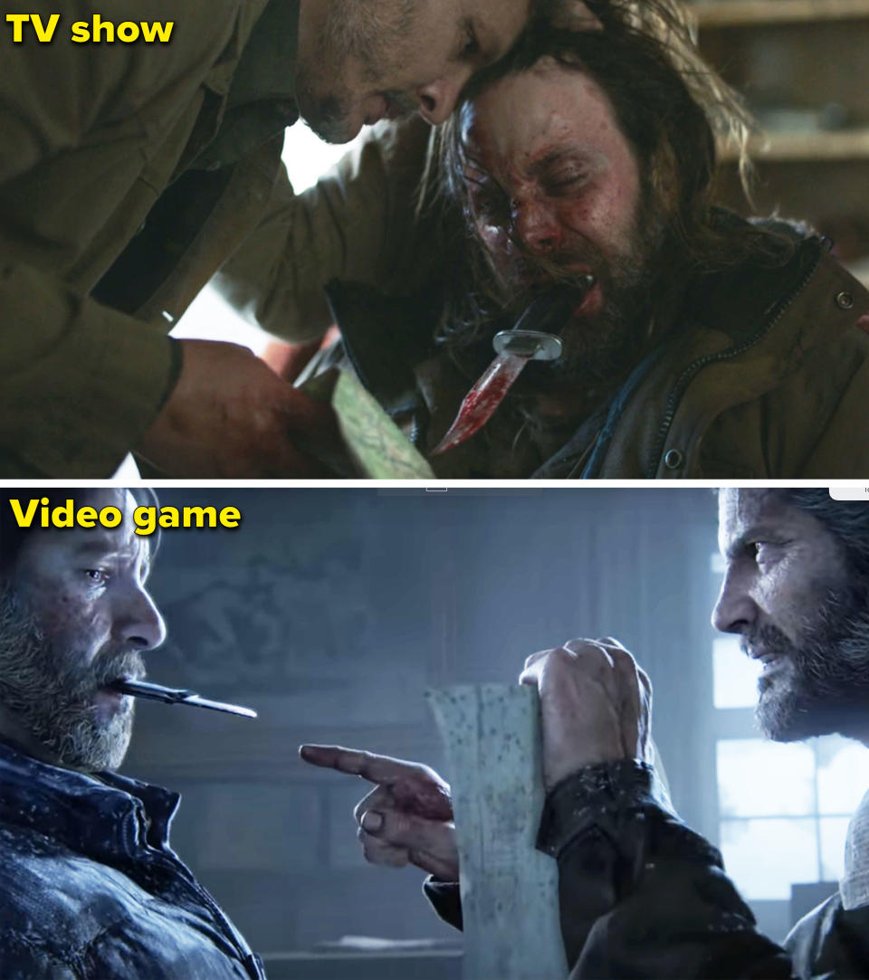 Side-by-side screenshots from "The Last of Us" movie and game