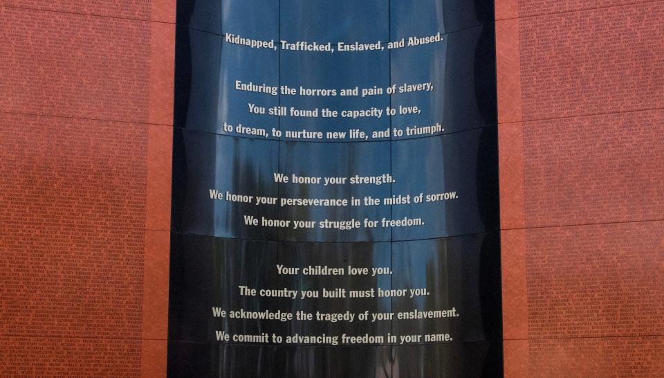 The National Monument to Freedom, displaying surnames of former slaves from the 1870 census, stands at the Equal Justice Initiative’s Freedom Monument Sculpture Park in Montgomery, Ala., on Tuesday March 12, 2024.