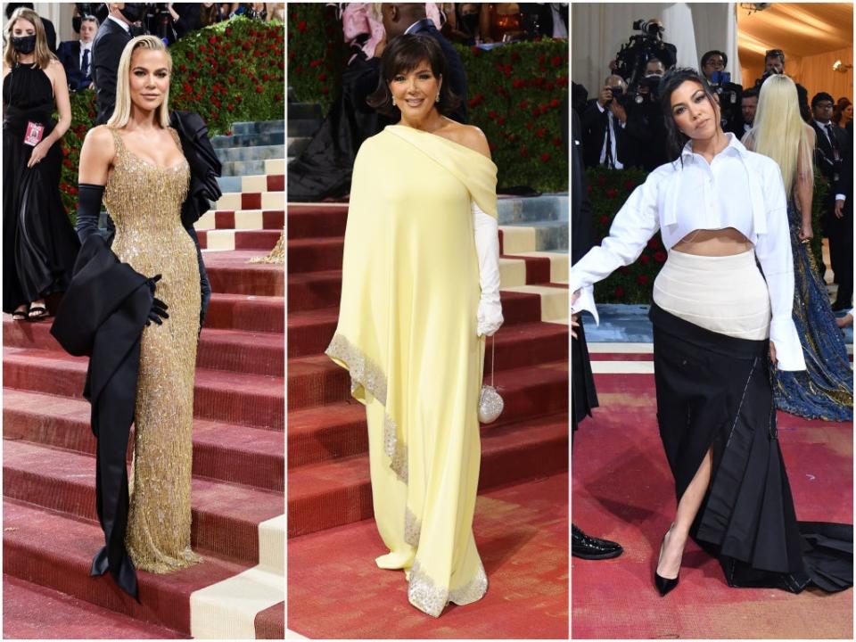 (L-R) Khloe Kardashian, Kris Jenner and Kourtney Kardashian at the 2022 Met Gala (Getty)