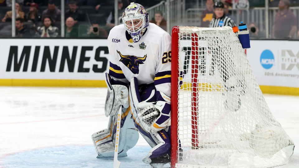 Dryden McKay, who had a Hobey Baker season at Minnesota State, will join the AHL's Marlies after signing a two-year deal with the Toronto Maple Leafs. (Photo by Maddie Meyer/Getty Images)