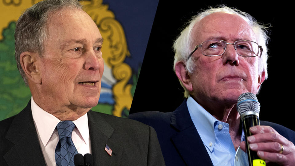 Former Mayor Michael Bloomberg and Sen. Bernie Sanders. (David J. Phillip/AP, Jason Connolly/AFP via Getty Images)