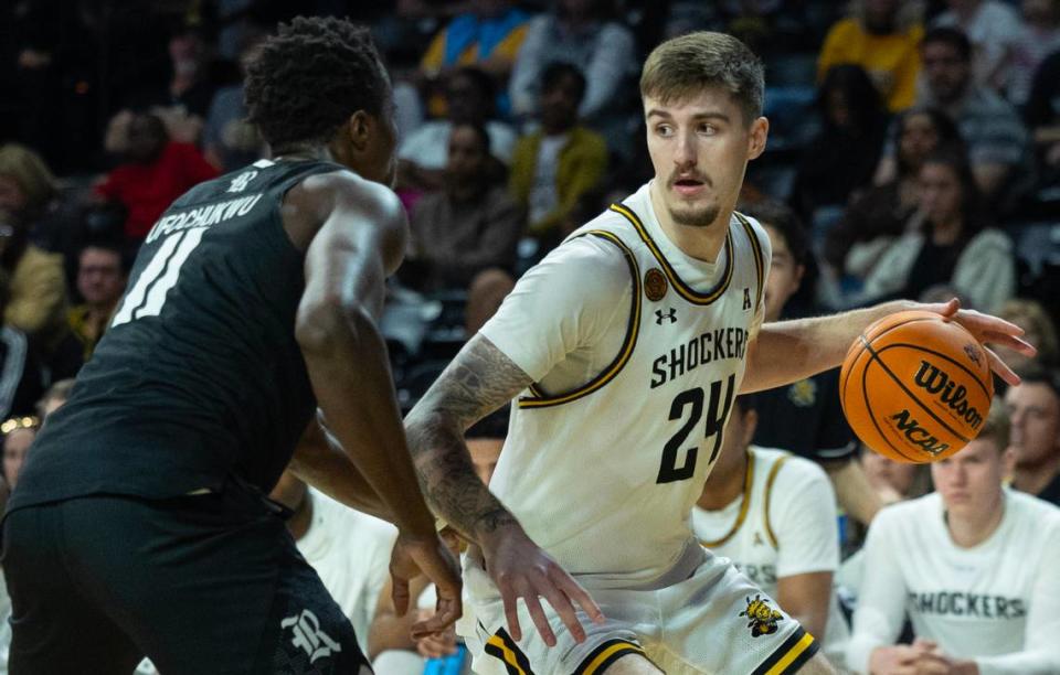 Wichita State senior Jacob Germany looks to score in his final home game at Koch Arena in the Shockers’ win over Rice on Saturday night. Travis Heying/The Wichita Eagle