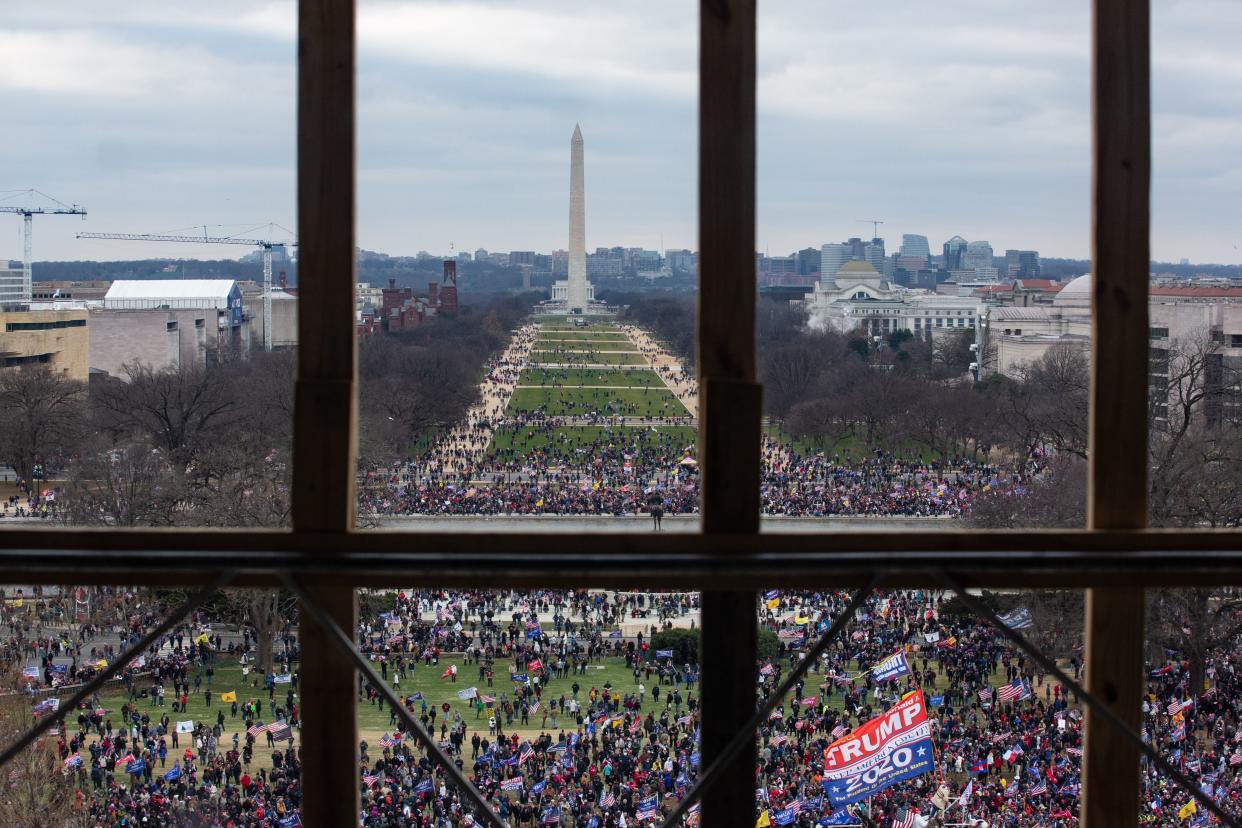 A crowd of Trump supporters gathers outside as seen from inside the U.S. Capitol on January 6, 2021, in Washington, DC.