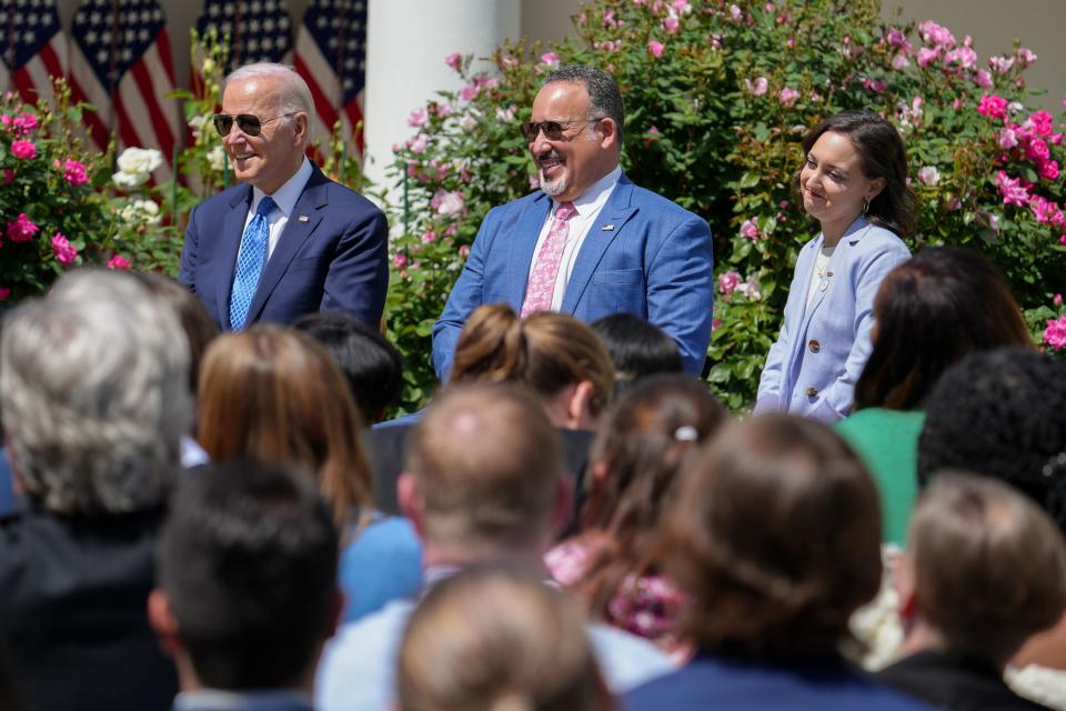 President Joe Biden, Education Secretary Miguel Cardona and Oklahoma teacher Rebecka Peterson at the Teachers of the Year ceremony at the White House on April 24, 2023.