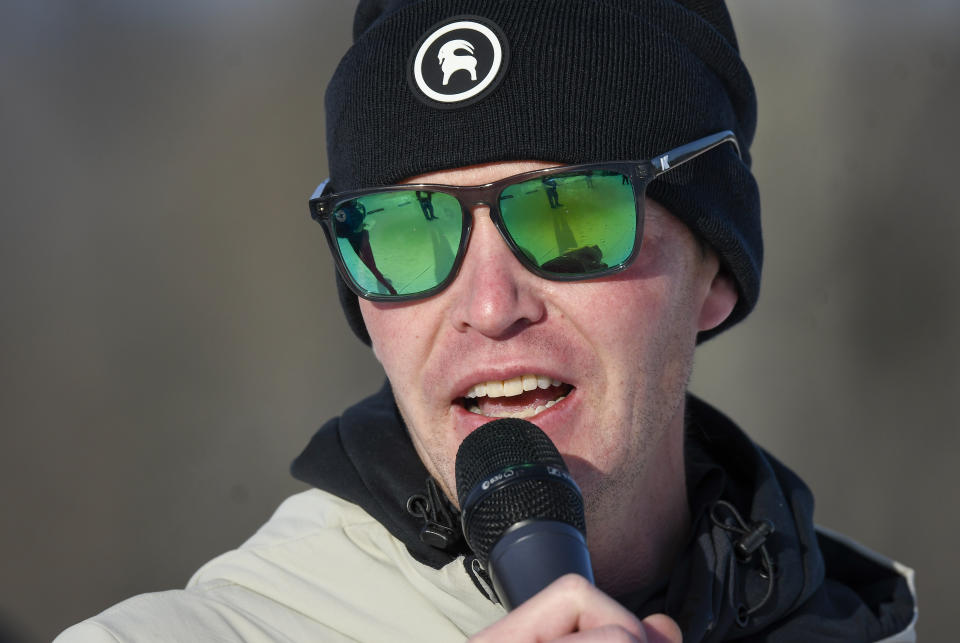 FILE - Billy Demong, executive director of USA Nordic Sports, speaks during the cross country stage of the nordic combined 10km competition for placement on the 2022 U.S. Olympic team at the Mount Van Hoevenberg Olympic Sports Complex on Dec. 24, 2021, in Lake Placid, N.Y. USA Nordic, which develops American ski jumpers and Nordic combined athletes, is trying to stop eating disorders before they start and to help women and men struggling with anorexia and bulimia to overcome the disorder. (AP Photo/Hans Pennink, File)