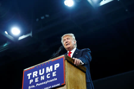 Republican U.S. presidential nominee Donald Trump attends a campaign rally at the Erie Insurance Arena in Erie, Pennsylvania August 12, 2016. REUTERS/Eric Thayer