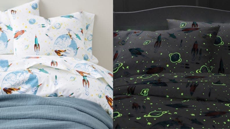 Garnet Hill also carries sheets designed for kids, complete with a glow-in-the-dark pattern.