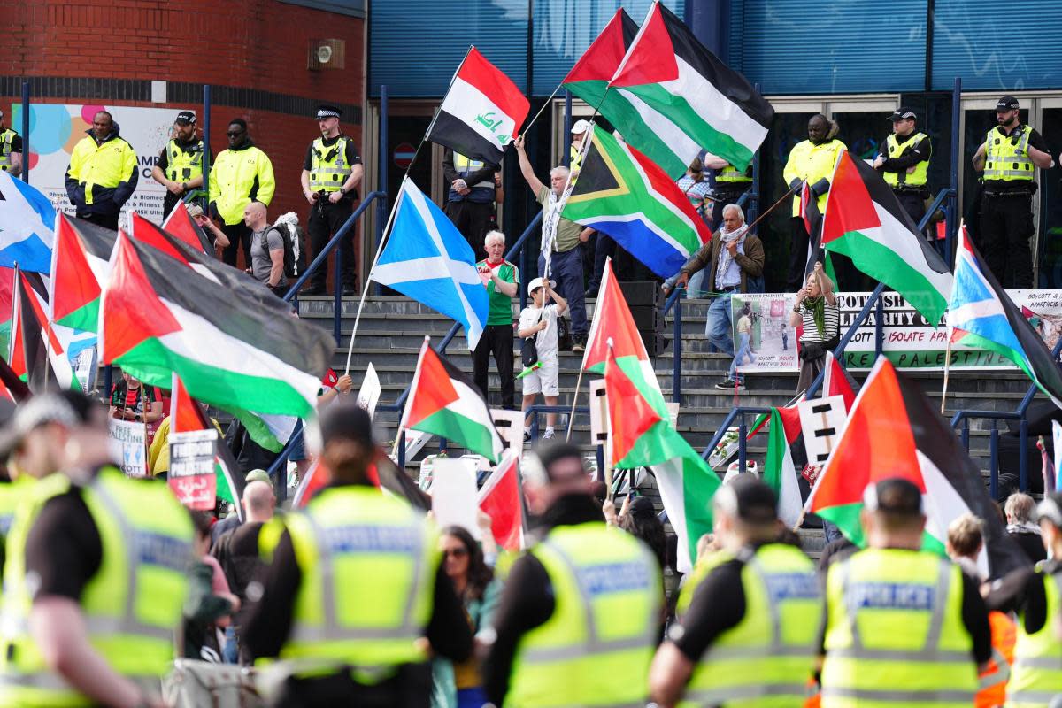 Protesters outside Hampden Park, Glasgow before the Scotland v Israel women's Euro 2025 qualifying fixture <i>(Image: PA)</i>