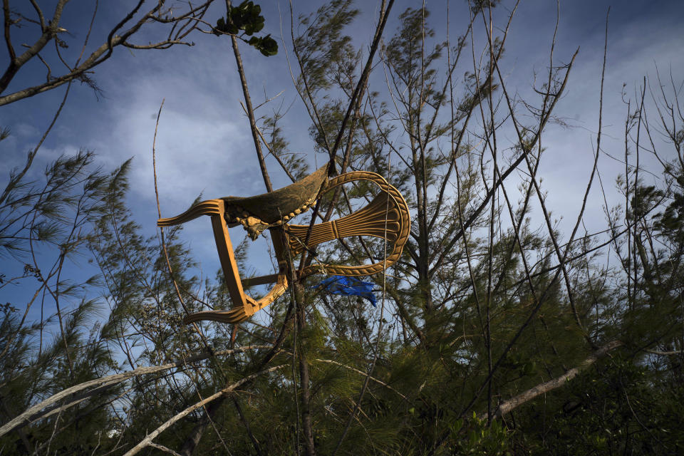 A chair is caught in a grove blown there by Hurricane Dorian's powerful winds, in Pine Bay, near Freeport, Bahamas, Sept. 4, 2019. (Photo: Ramon Espinosa/AP)