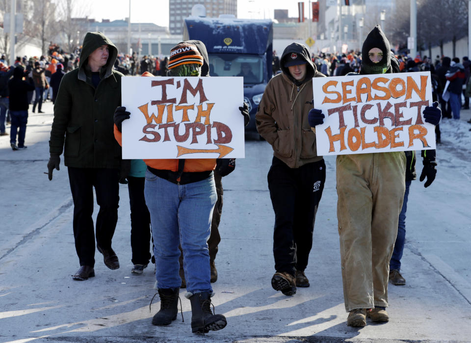 Cleveland Browns fans participate in the "Perfect Season" parade, Saturday, Jan. 6, 2018, in Cleveland. The Browns became the second team in NFL history to lose 16 games in a season. In joining the 2008 Detroit Lions in a shameful loser's club, the Browns have found a new low in what has been nearly two decades of disgrace since returning as an expansion franchise in 1999. (AP Photo/Tony Dejak)