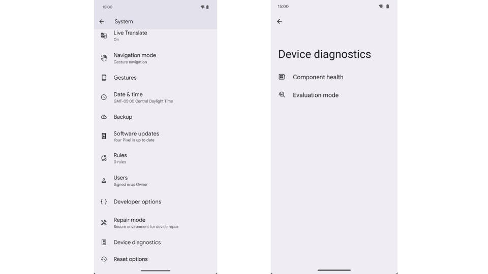 Screenshots of the Device Diagnostics menu in Android 15 beta 3